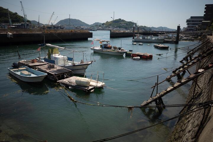 晴れた朝の穏やかな港に係留された小型漁船