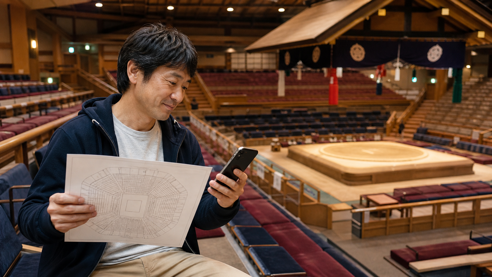 相撲会場で座席表を確認する中年男性