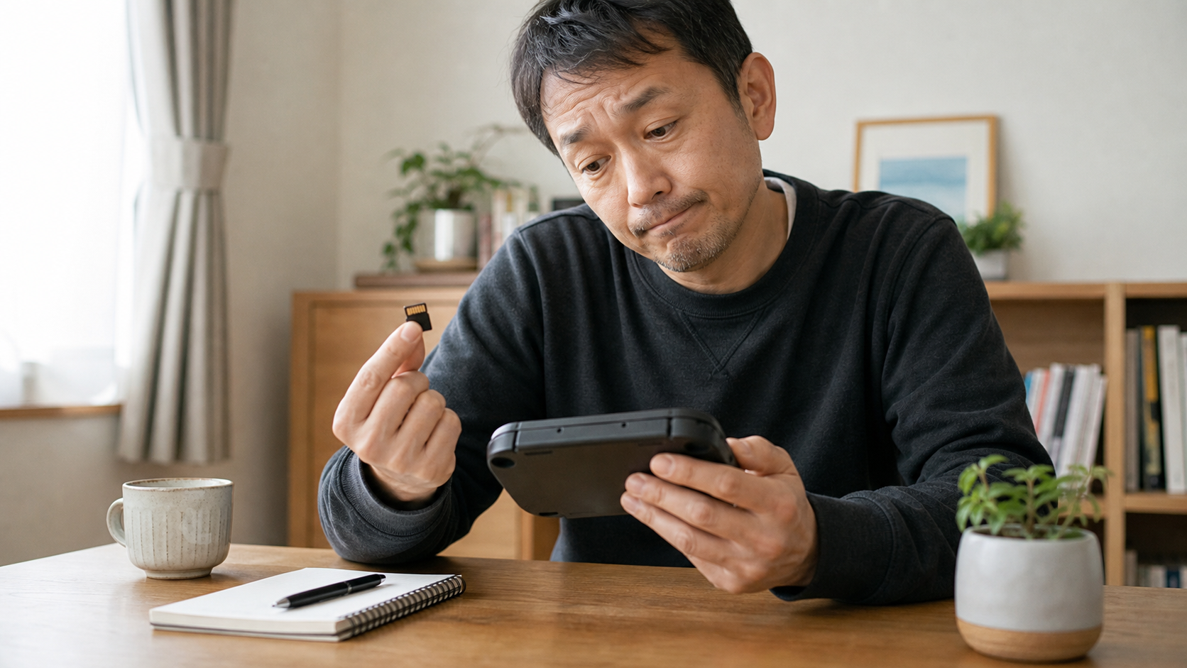 携帯ゲーム機と小さなメモリーカードを見比べる中年男性