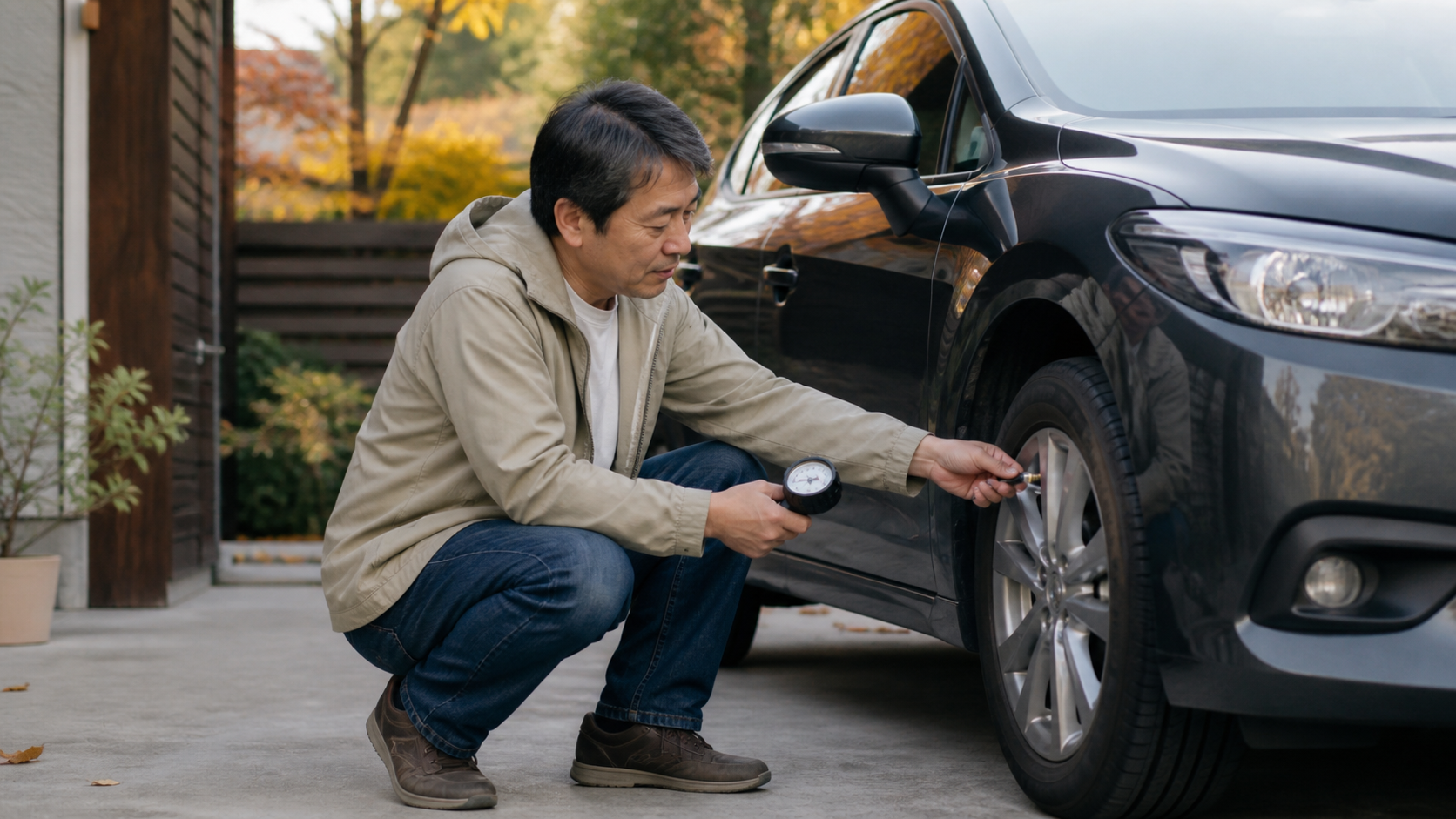 車のタイヤにエアゲージを当てて空気圧を確認する中年男性
