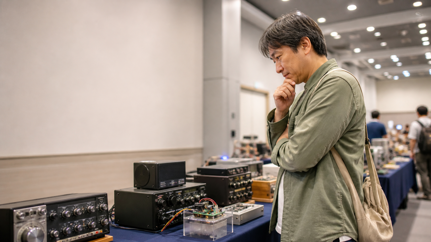 無線機の展示を見学する中年男性