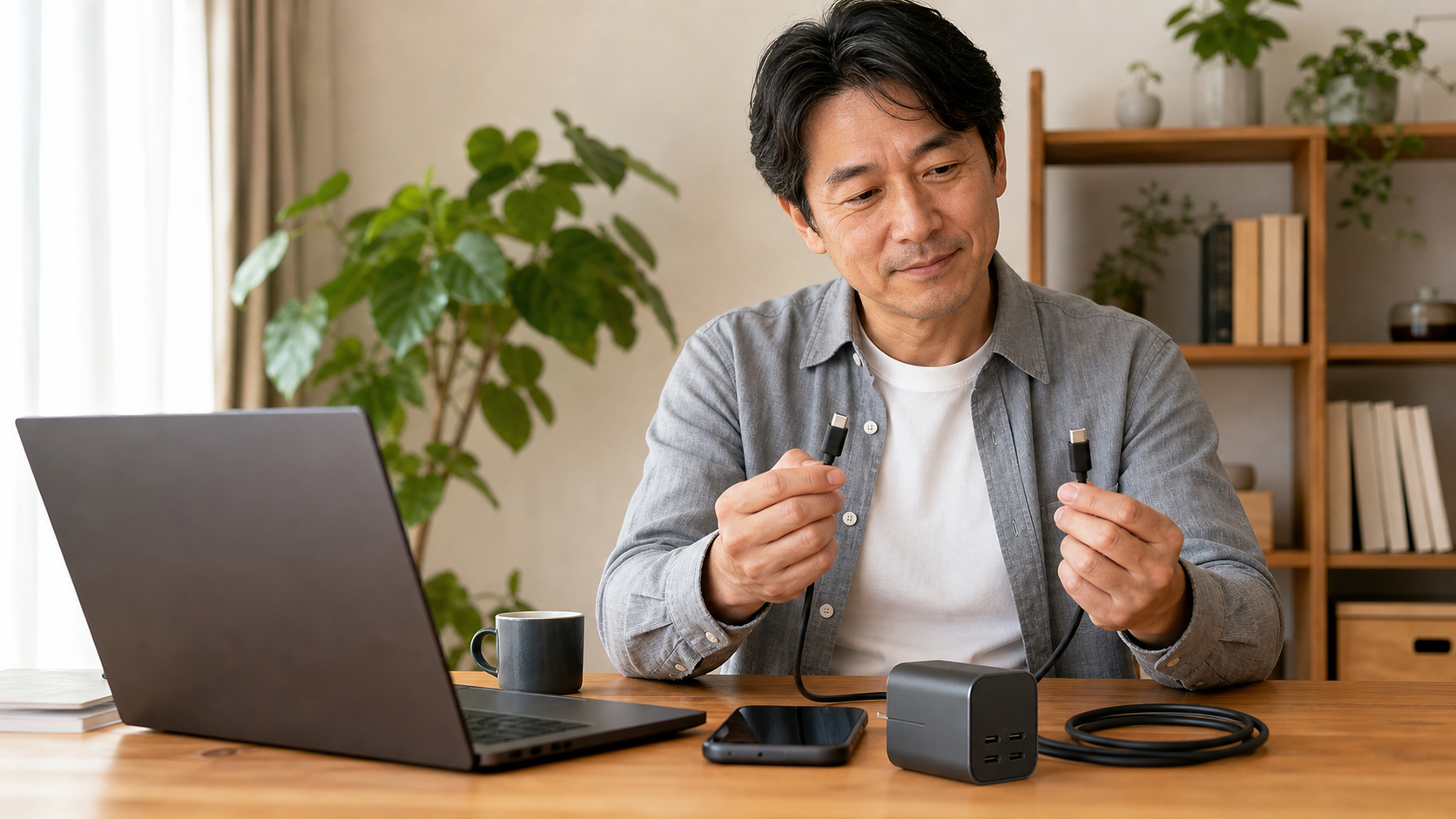 ノートパソコンとスマートフォンのUSB-C充電環境を確認する中年男性