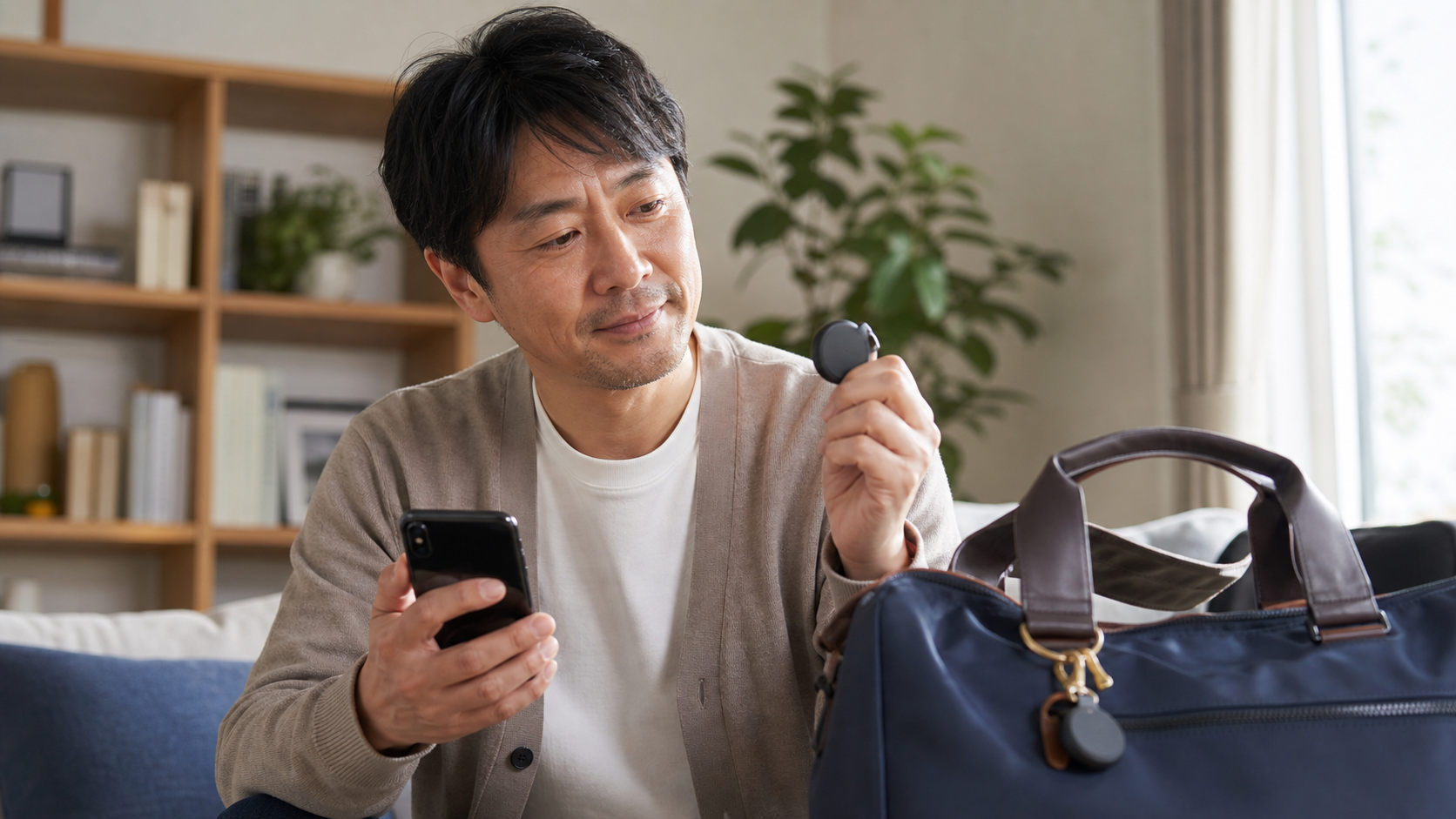 鍵とバッグの紛失防止タグをスマートフォンで確認する中年男性