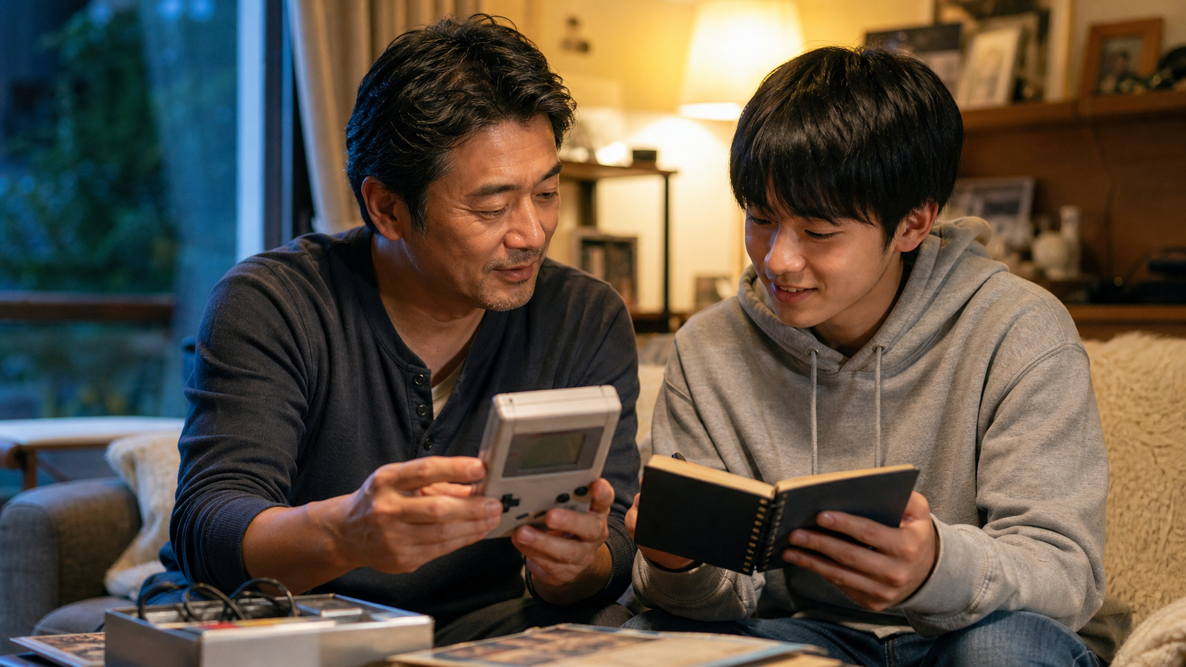ゲーム機を囲んで会話する中年男性と子ども