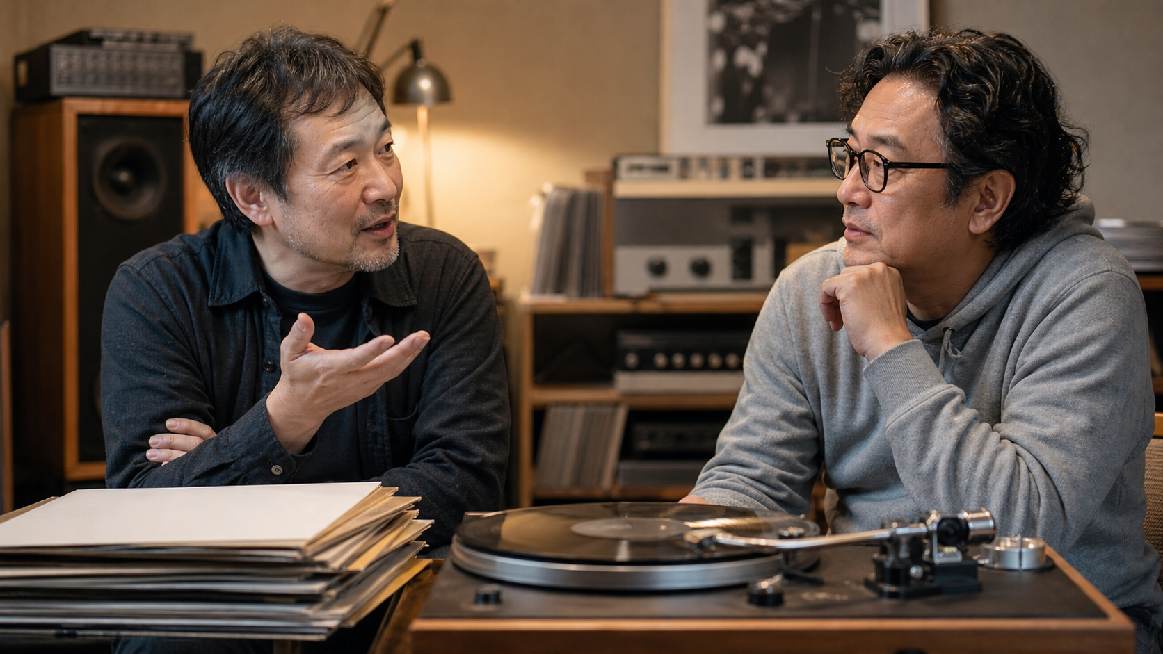 昔のレコードを囲んで音楽の思い出を話す中年男性たち