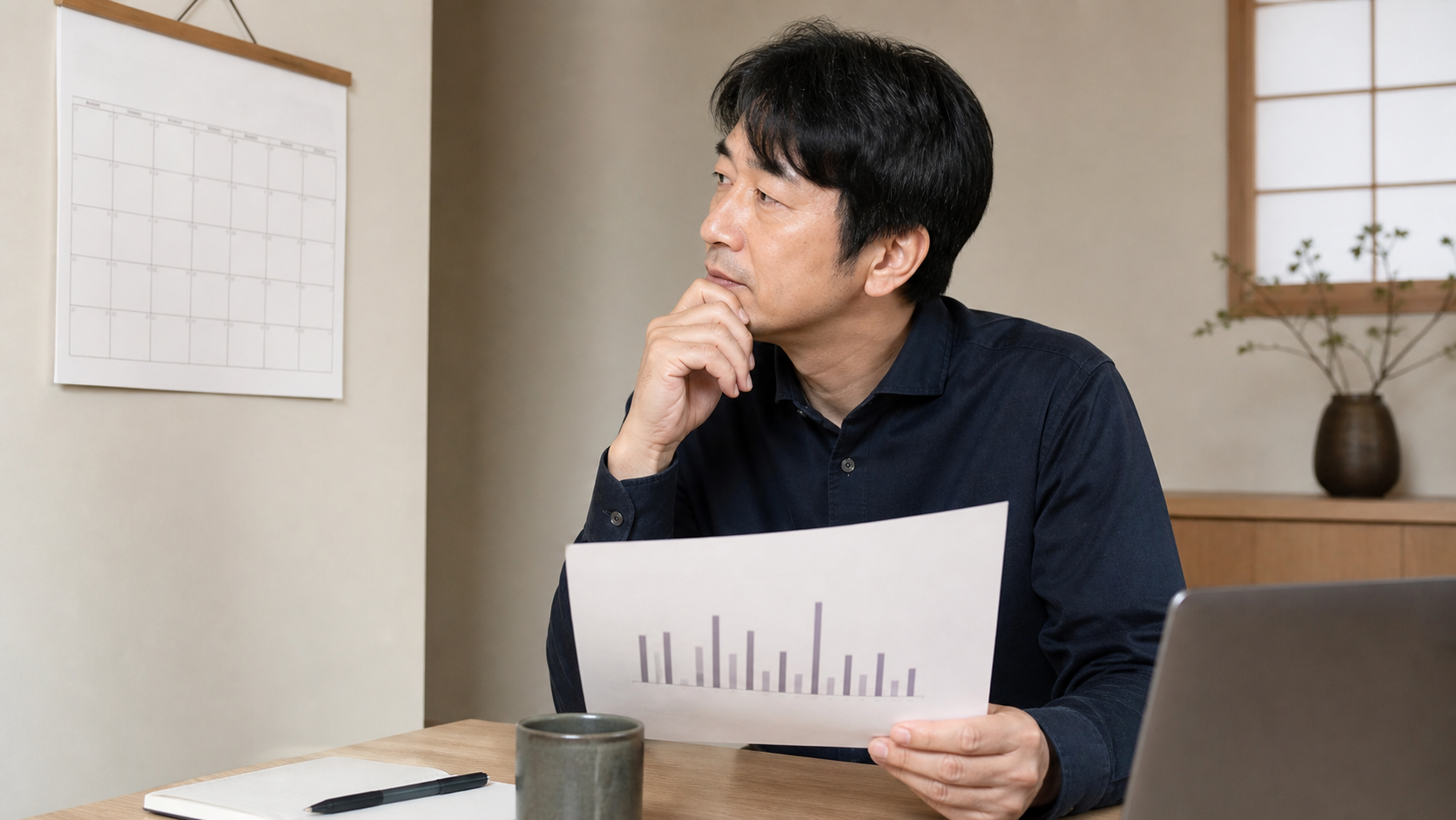 暦と統計資料を見ながら干支について話す中年男性