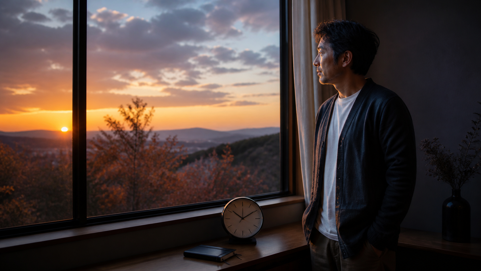 秋の夕空と時計を見ながら昼夜について考える中年男性