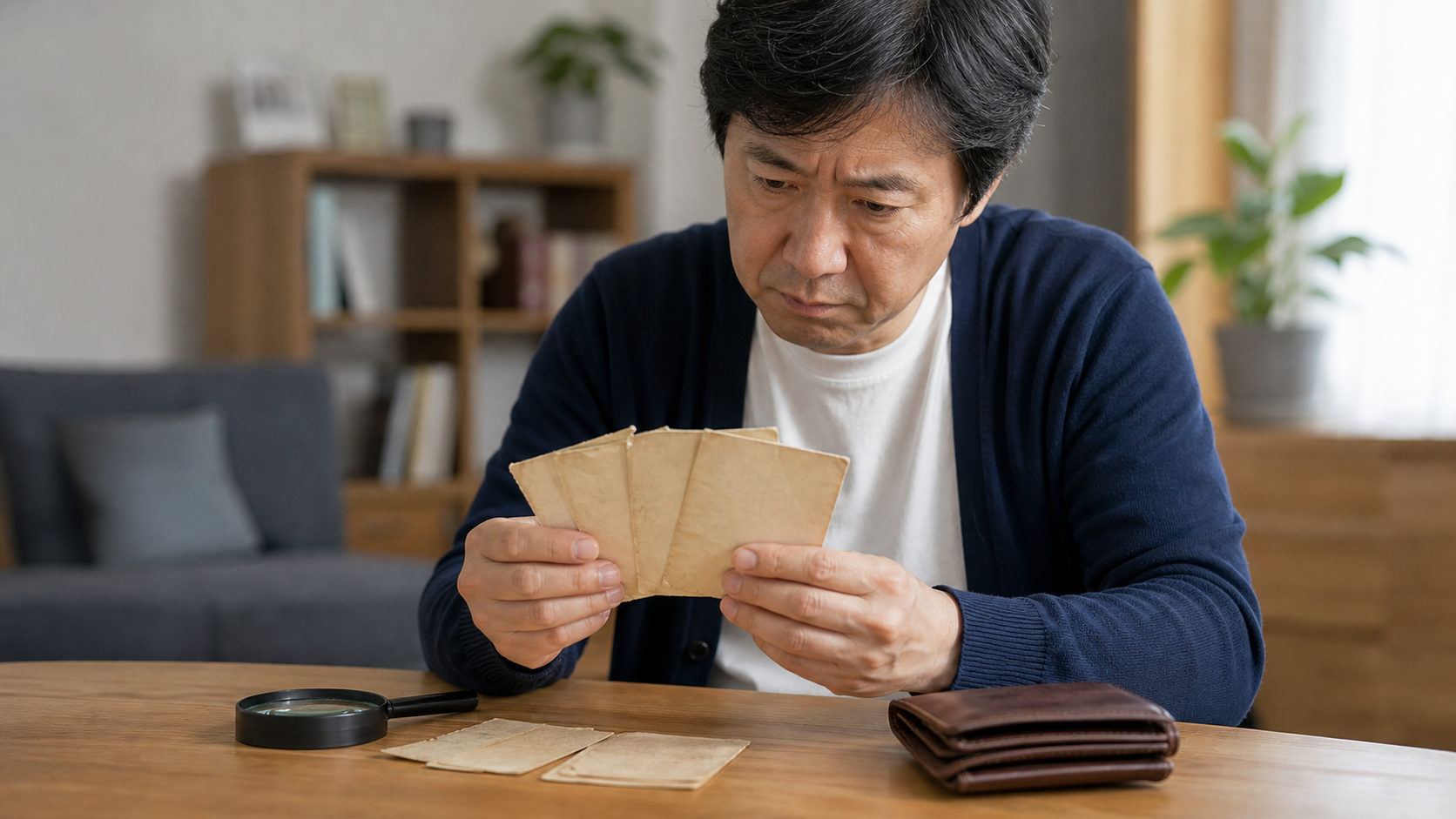 古い紙幣と財布を確認する中年男性