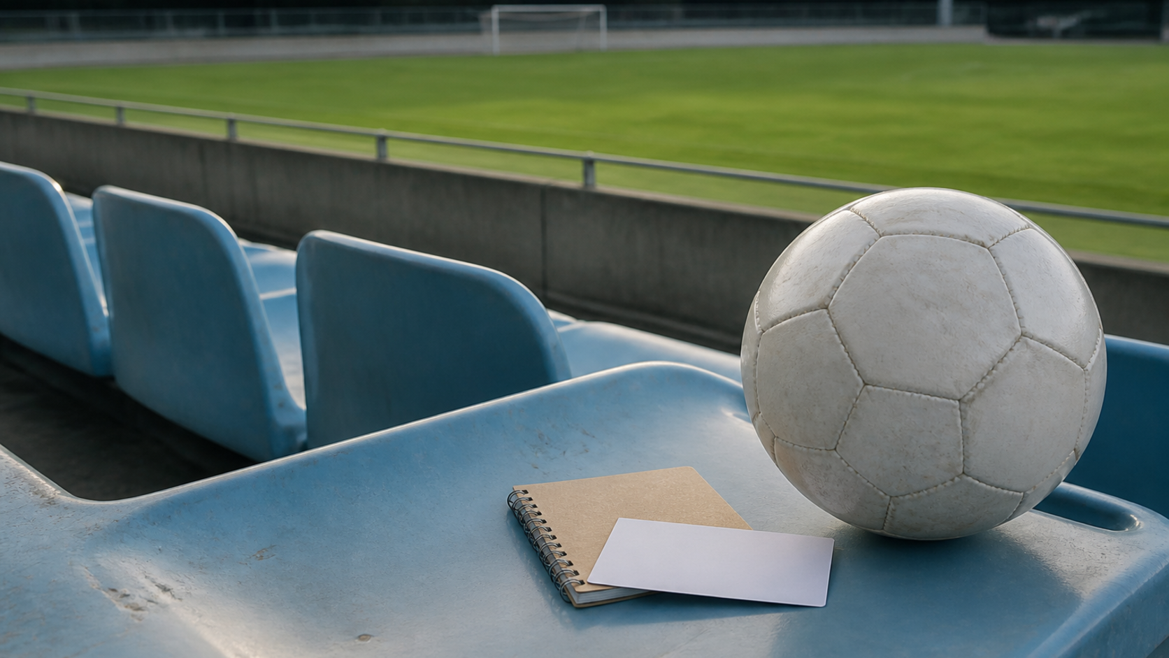 スタジアムの座席に置かれたサッカーボールと小さな観戦ノート
