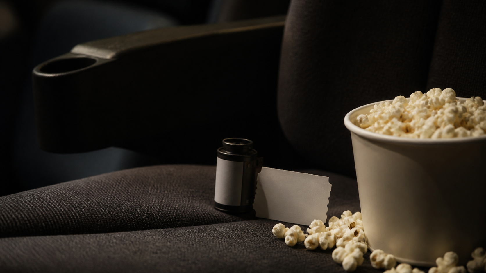映画館の座席に置かれたフィルム缶とポップコーン