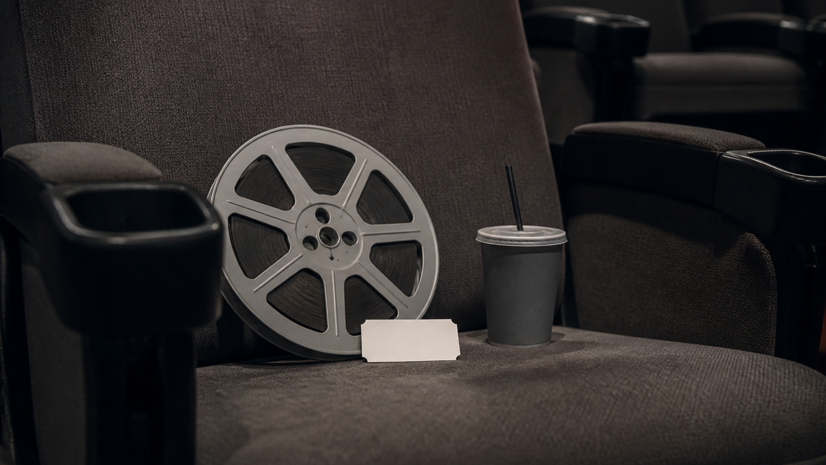 映画館の座席に置かれたフィルムリールと無地のチケット
