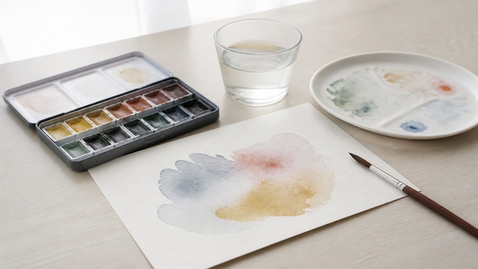 筆一本と透明水彩の絵具を置いた白い紙の机上風景