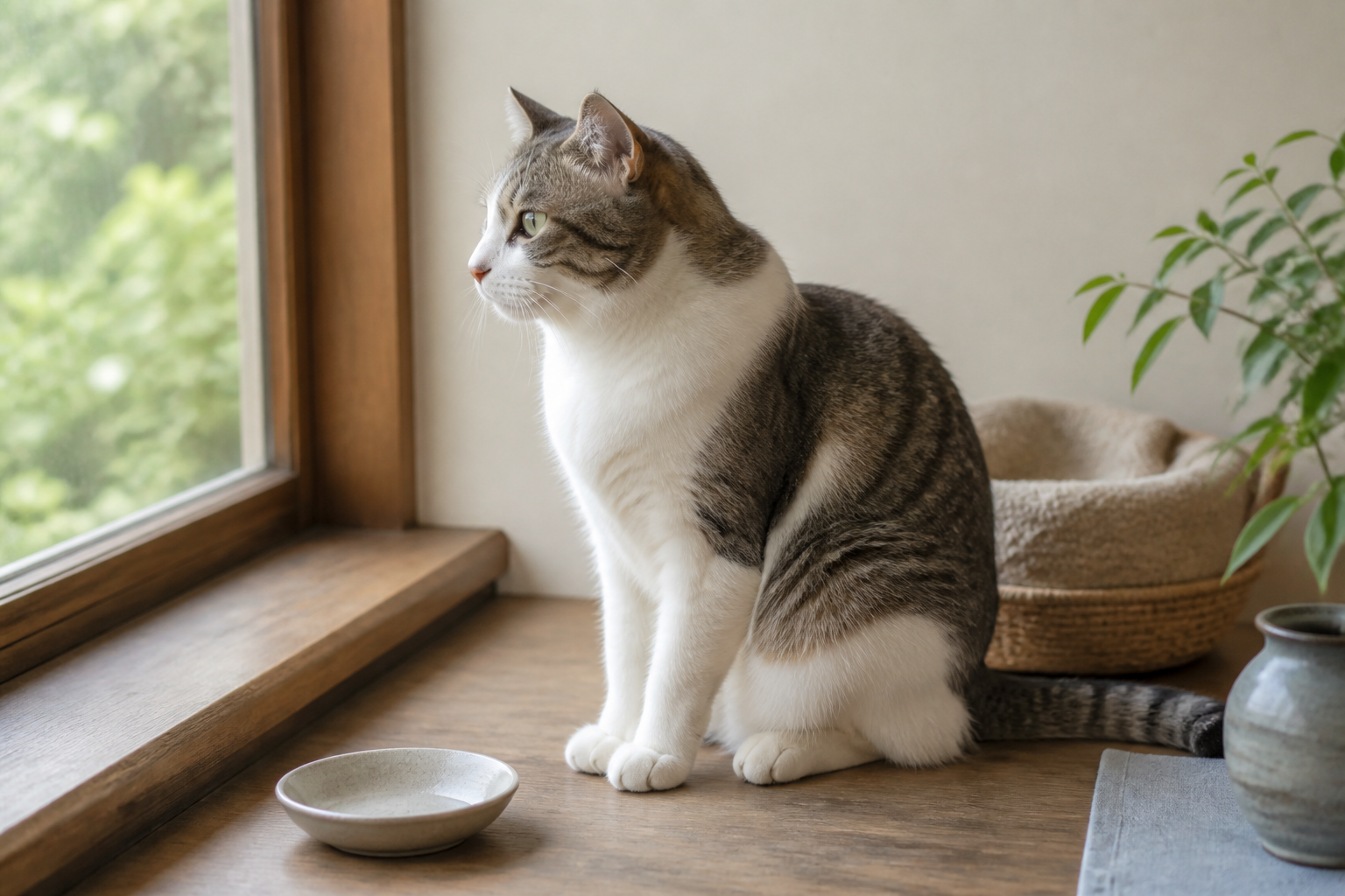 窓辺で外を眺める猫と無地の器