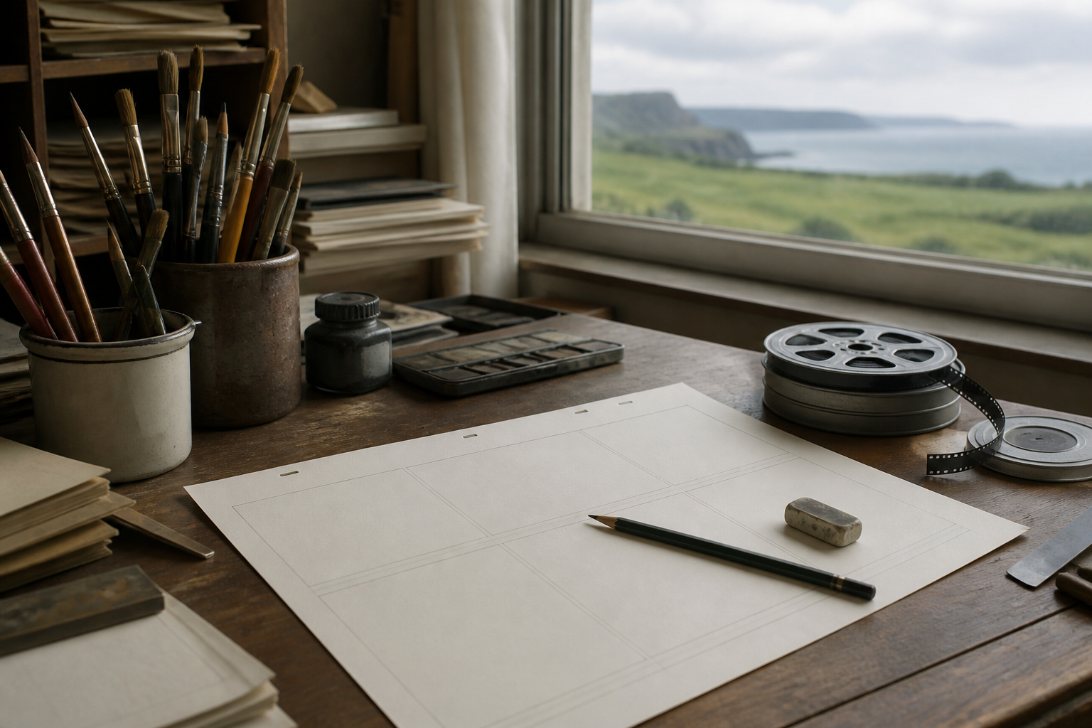 絵コンテ用紙と筆、フィルムリールが置かれたアニメーション制作机