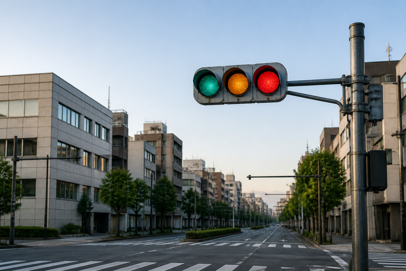 朝の街路に設置された赤・黄・青の3色信号機